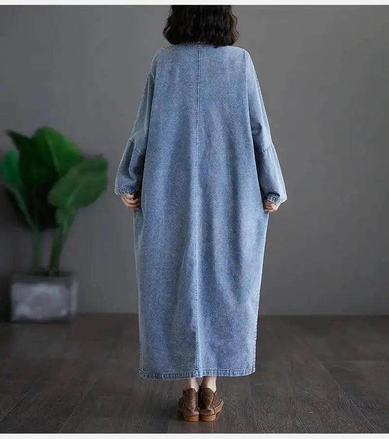 Blue Denim Ruffle Dress with Stand Collar - Retro Style-Women's dress-Thebesttailor-Thebesttailor