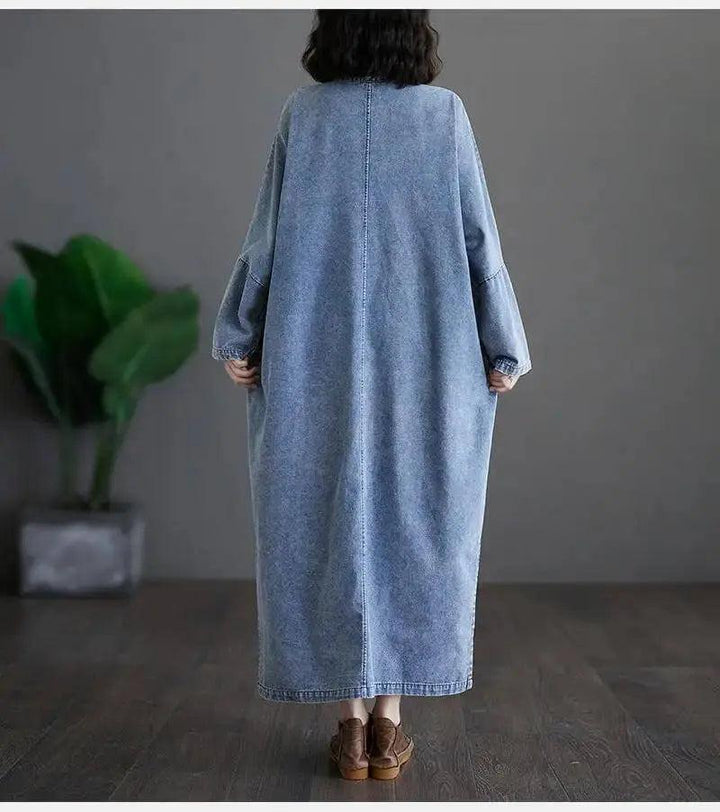 Blue Denim Ruffle Dress with Stand Collar - Retro Style-Women's dress-Thebesttailor-Thebesttailor