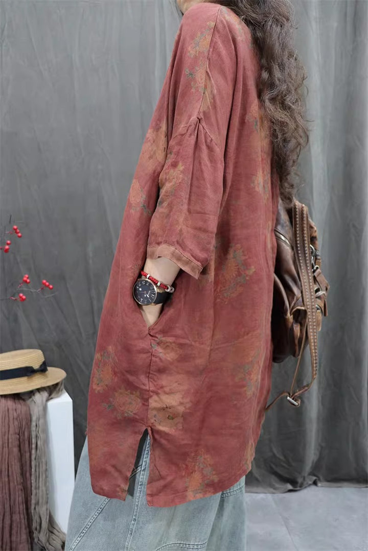 Linen Print Half sleeve Loose Top for Women