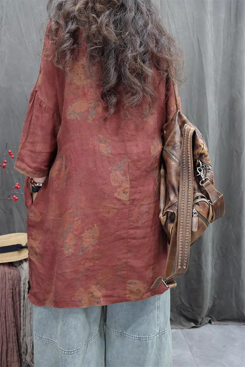 Linen Print Half sleeve Loose Top for Women