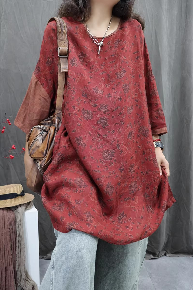Linen Print Half sleeve Loose Top for Women