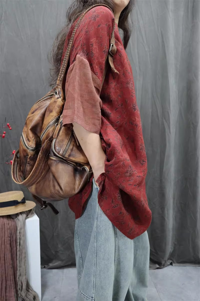 Linen Print Half sleeve Loose Top for Women