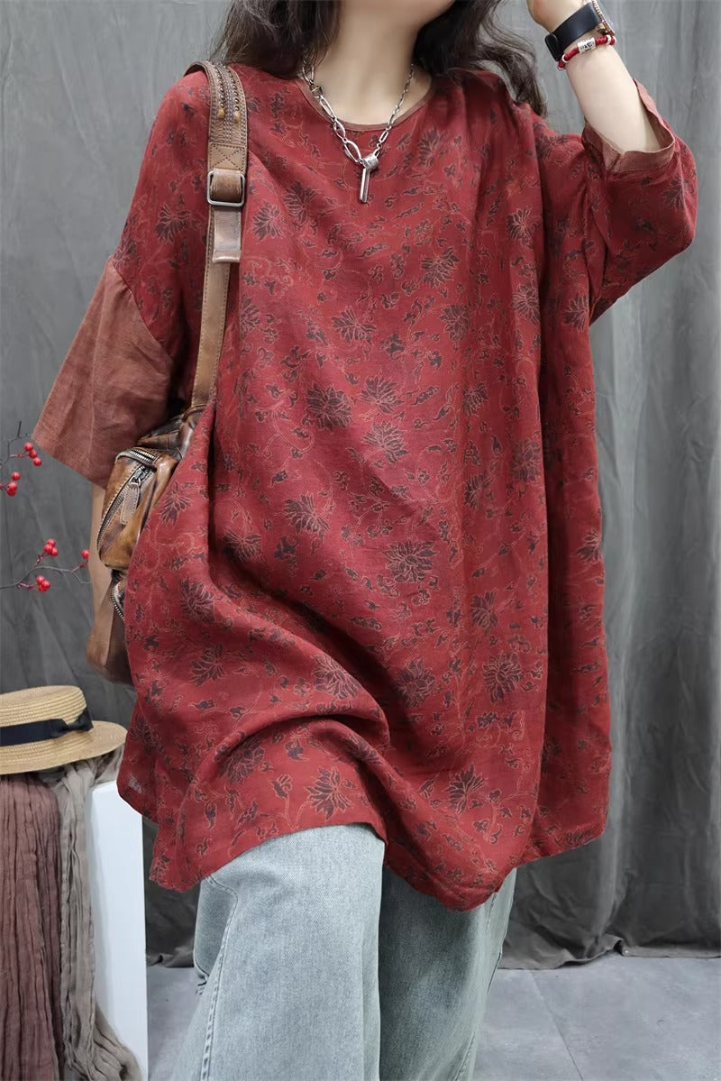 Linen Print Half sleeve Loose Top for Women