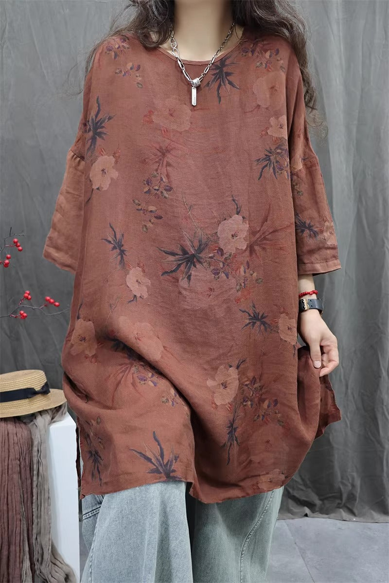 Linen Print Half sleeve Loose Top for Women