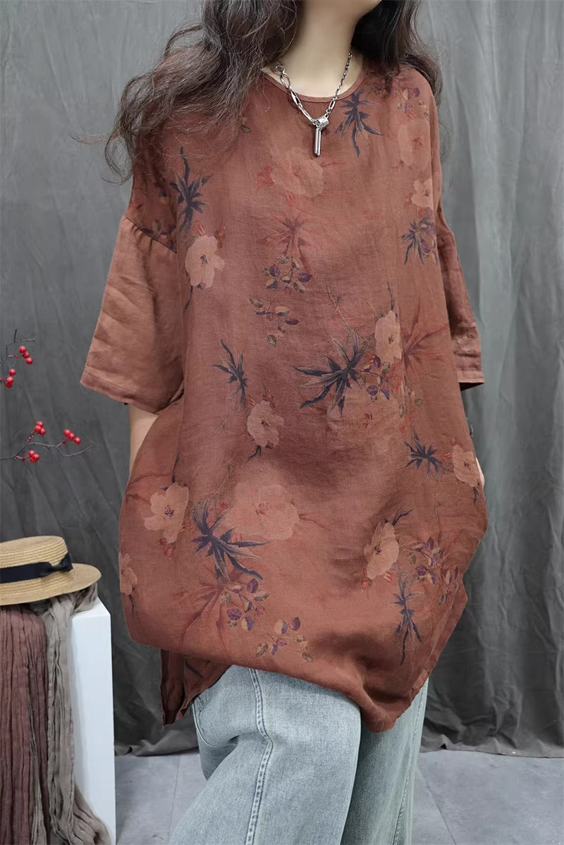 Linen Print Half sleeve Loose Top for Women