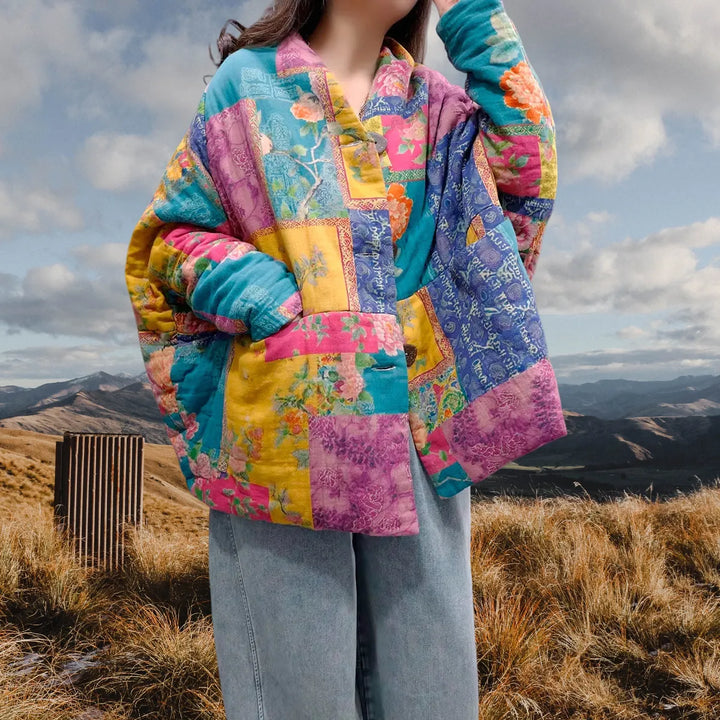 Retro Print Linen Blend Quilted Cotton Jacket for Women