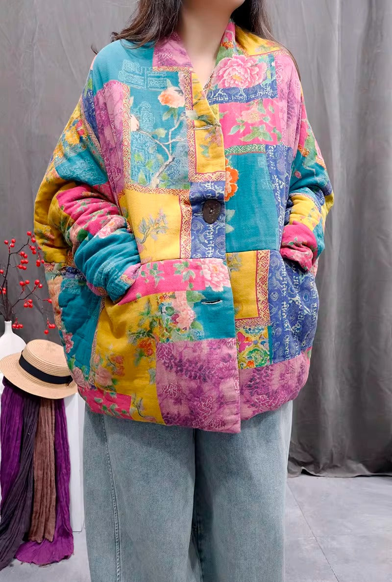 Retro Print Linen Blend Quilted Cotton Jacket for Women