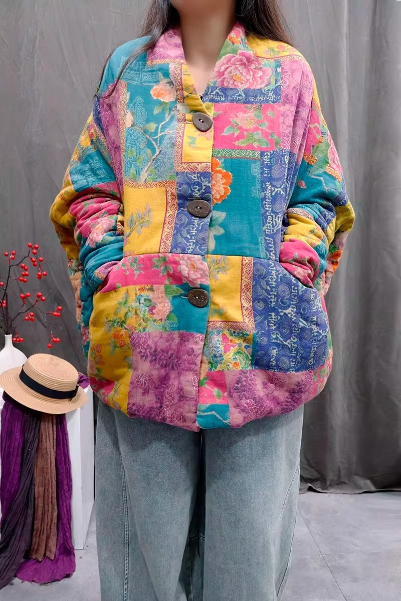 Retro Print Linen Blend Quilted Cotton Jacket for Women