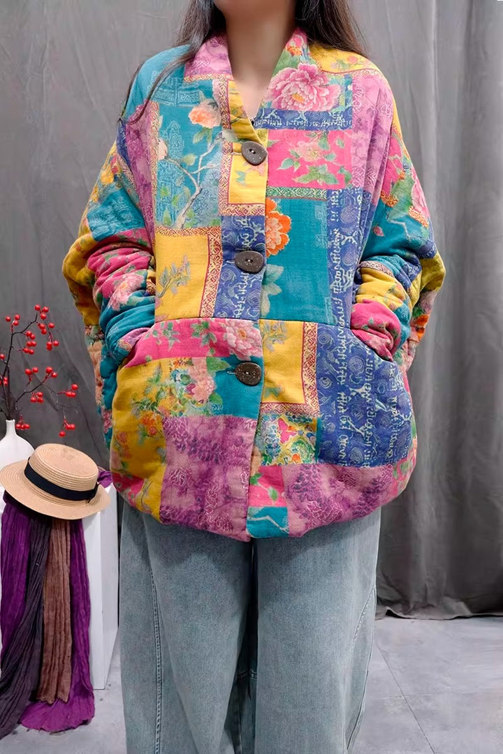 Retro Print Linen Blend Quilted Cotton Jacket for Women