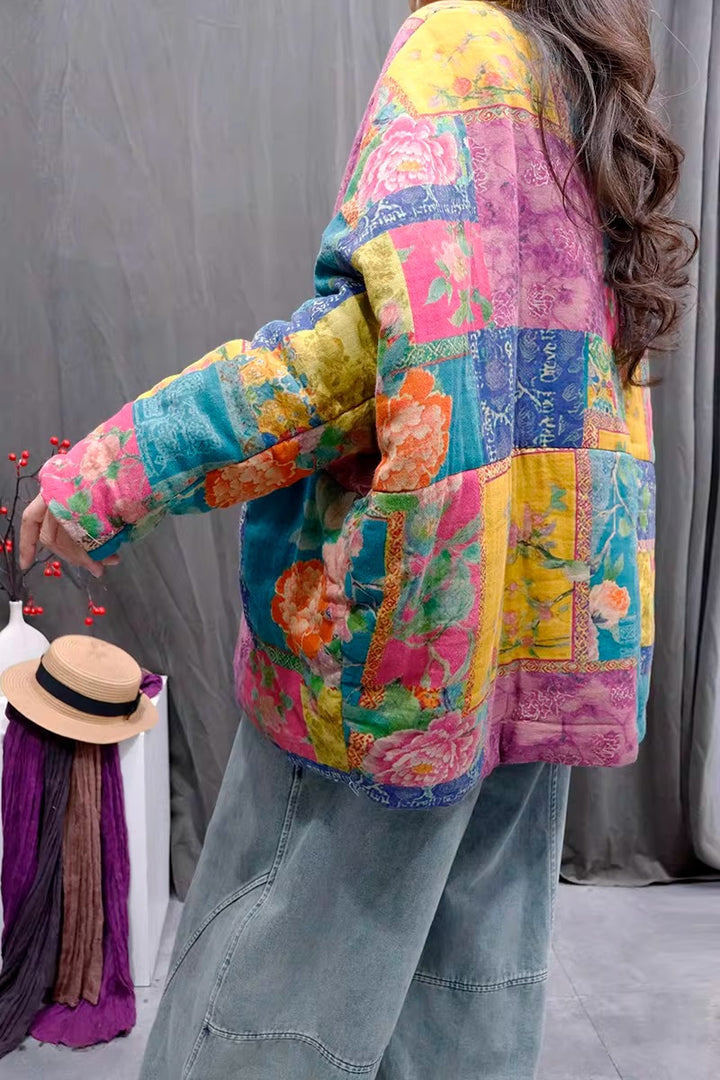 Retro Print Linen Blend Quilted Cotton Jacket for Women