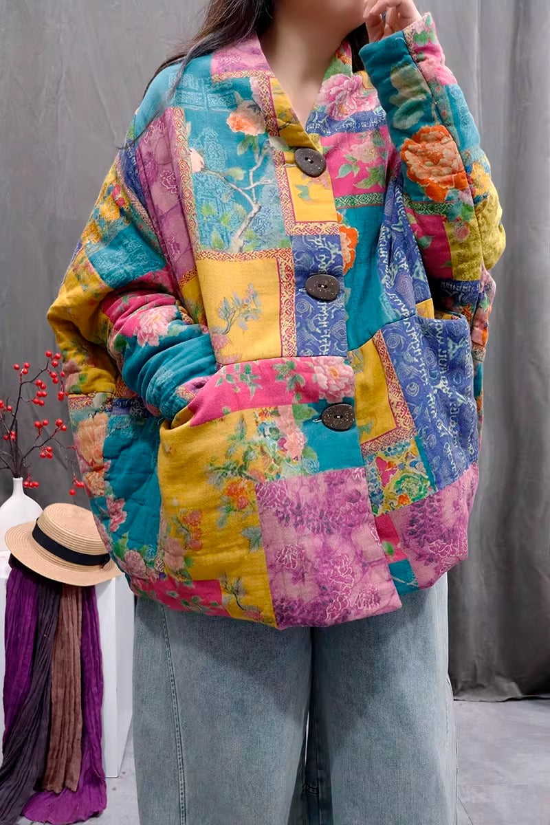 Retro Print Linen Blend Quilted Cotton Jacket for Women