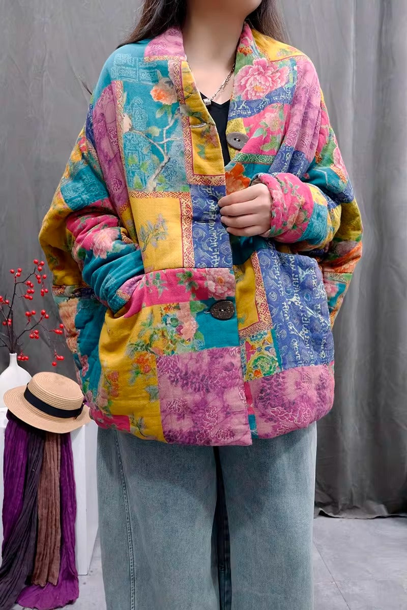 Retro Print Linen Blend Quilted Cotton Jacket for Women