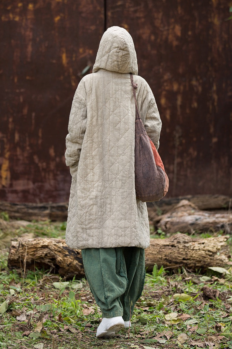 Spring Loose Linen Avant Garde Quilted Transitional Hooded Women's Coat