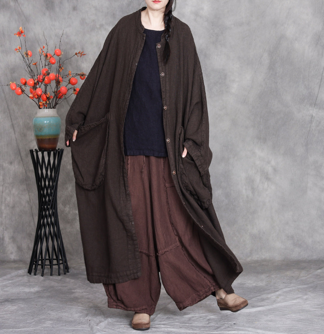 Women's Spring Linen Long Coat with Large Pockets