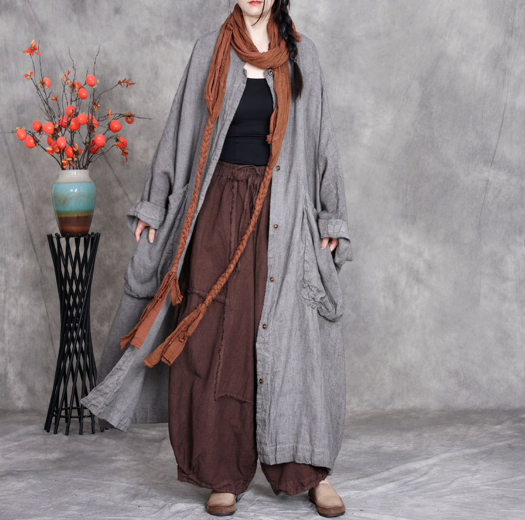Women's Spring Linen Long Coat with Large Pockets