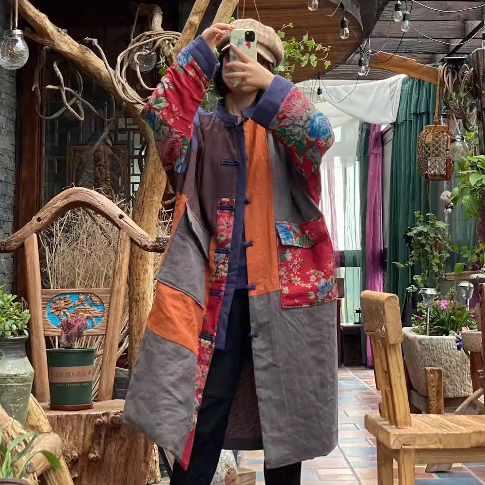 Spliced linen coat for women, winter filling cotton coat