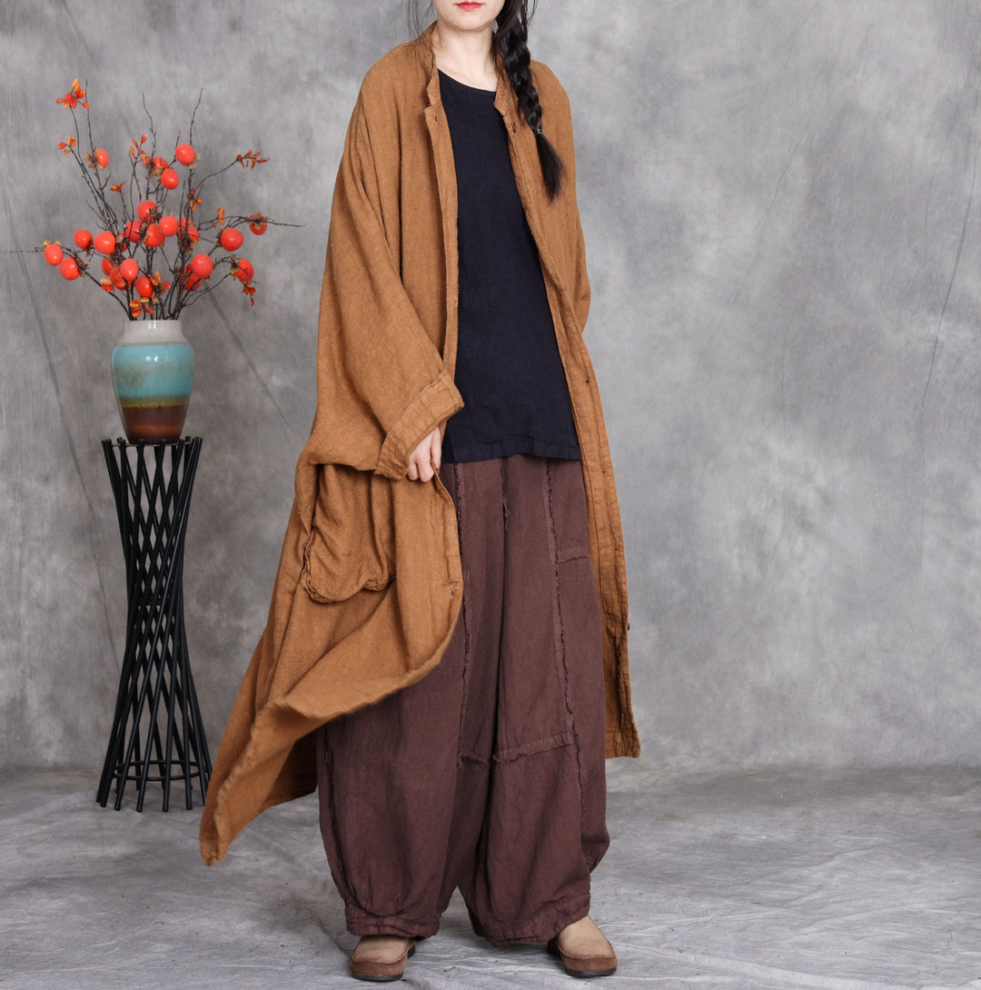 Women's Spring Linen Long Coat with Large Pockets