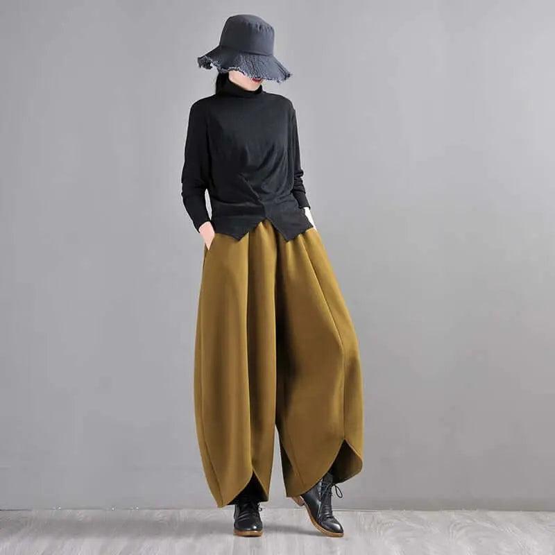 Mustard Green Wide Leg Wool Pants for Modern Commuters-Women's pants-Thebesttailor-Thebesttailor
