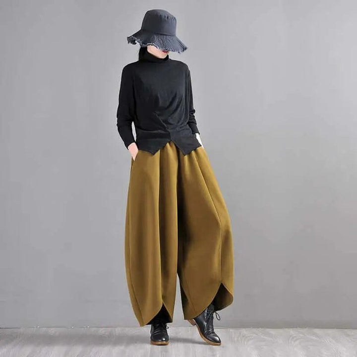 Mustard Green Wide Leg Wool Pants for Modern Commuters-Women's pants-Thebesttailor-Thebesttailor
