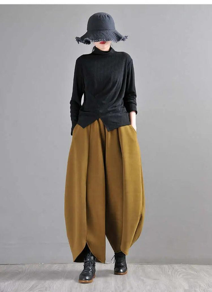 Mustard Green Wide Leg Wool Pants for Modern Commuters-Women's pants-Thebesttailor-Thebesttailor