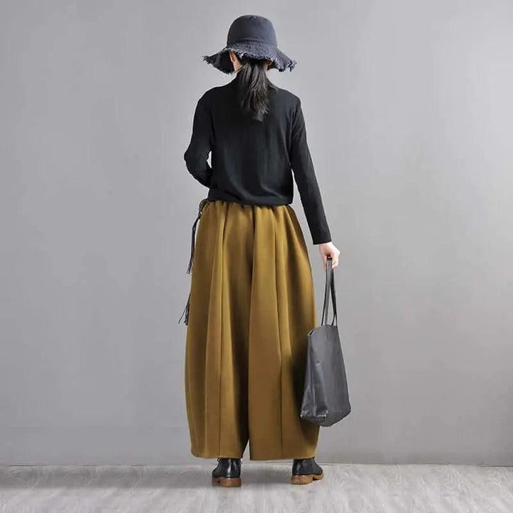 Mustard Green Wide Leg Wool Pants for Modern Commuters-Women's pants-Thebesttailor-Thebesttailor