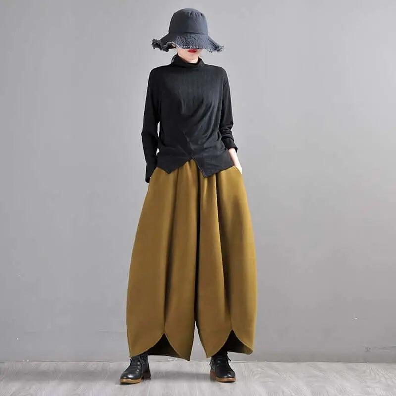 Mustard Green Wide Leg Wool Pants for Modern Commuters-Women's pants-Thebesttailor-Thebesttailor