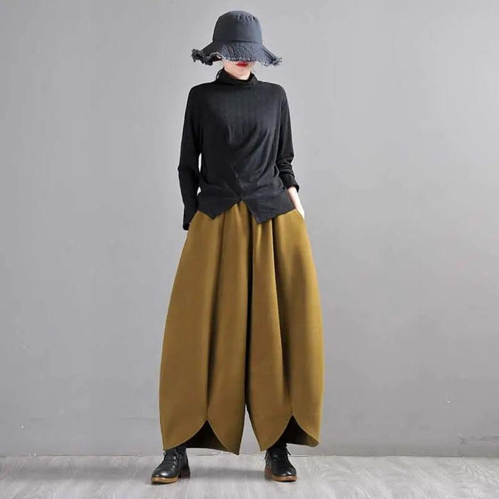 Mustard Green Wide Leg Wool Pants for Modern Commuters-Women's pants-Thebesttailor-Thebesttailor