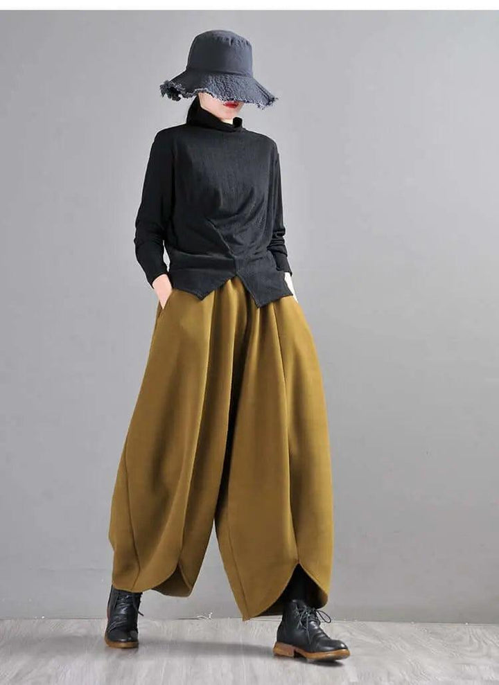 Mustard Green Wide Leg Wool Pants for Modern Commuters-Women's pants-Thebesttailor-Thebesttailor