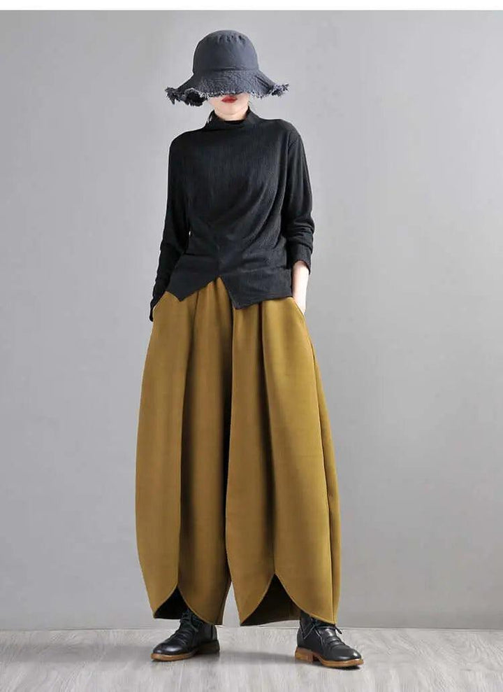 Mustard Green Wide Leg Wool Pants for Modern Commuters-Women's pants-Thebesttailor-Thebesttailor