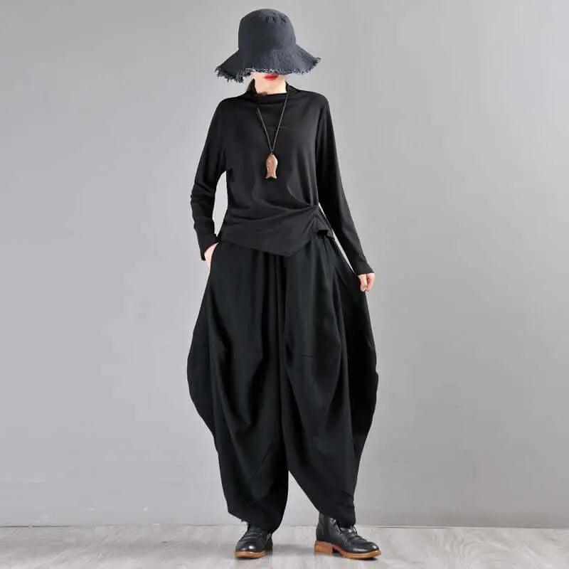 Black Linen High-Waisted Bohemian Harem Pants for Women-Women's pants-Thebesttailor-Thebesttailor