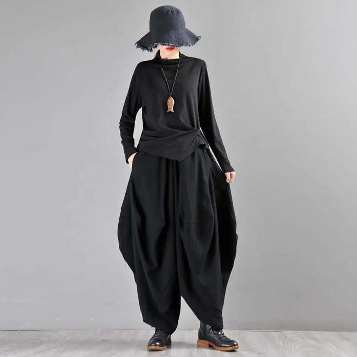 Black Linen High-Waisted Bohemian Harem Pants for Women-Women's pants-Thebesttailor-Thebesttailor