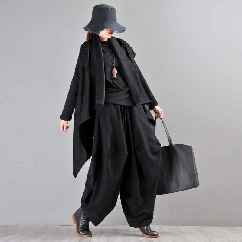 Black Linen High-Waisted Bohemian Harem Pants for Women-Women's pants-Thebesttailor-Thebesttailor