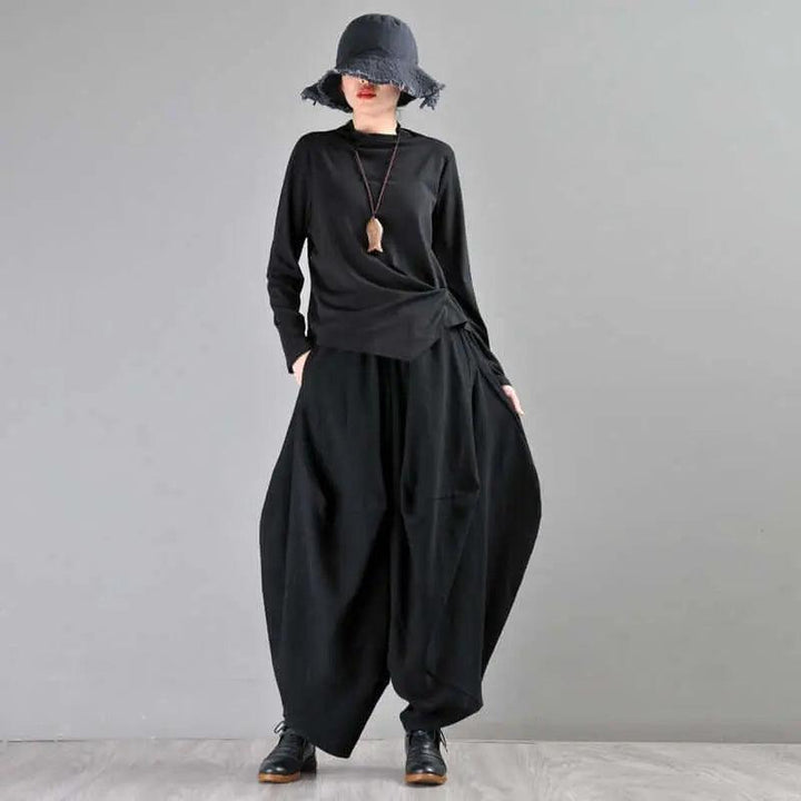 Black Linen High-Waisted Bohemian Harem Pants for Women-Women's pants-Thebesttailor-Thebesttailor