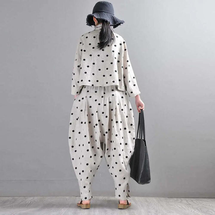 Autumn Retro Linen Polka Dot Suit with Bloomer Pants-Women's Shirt-Thebesttailor-Thebesttailor