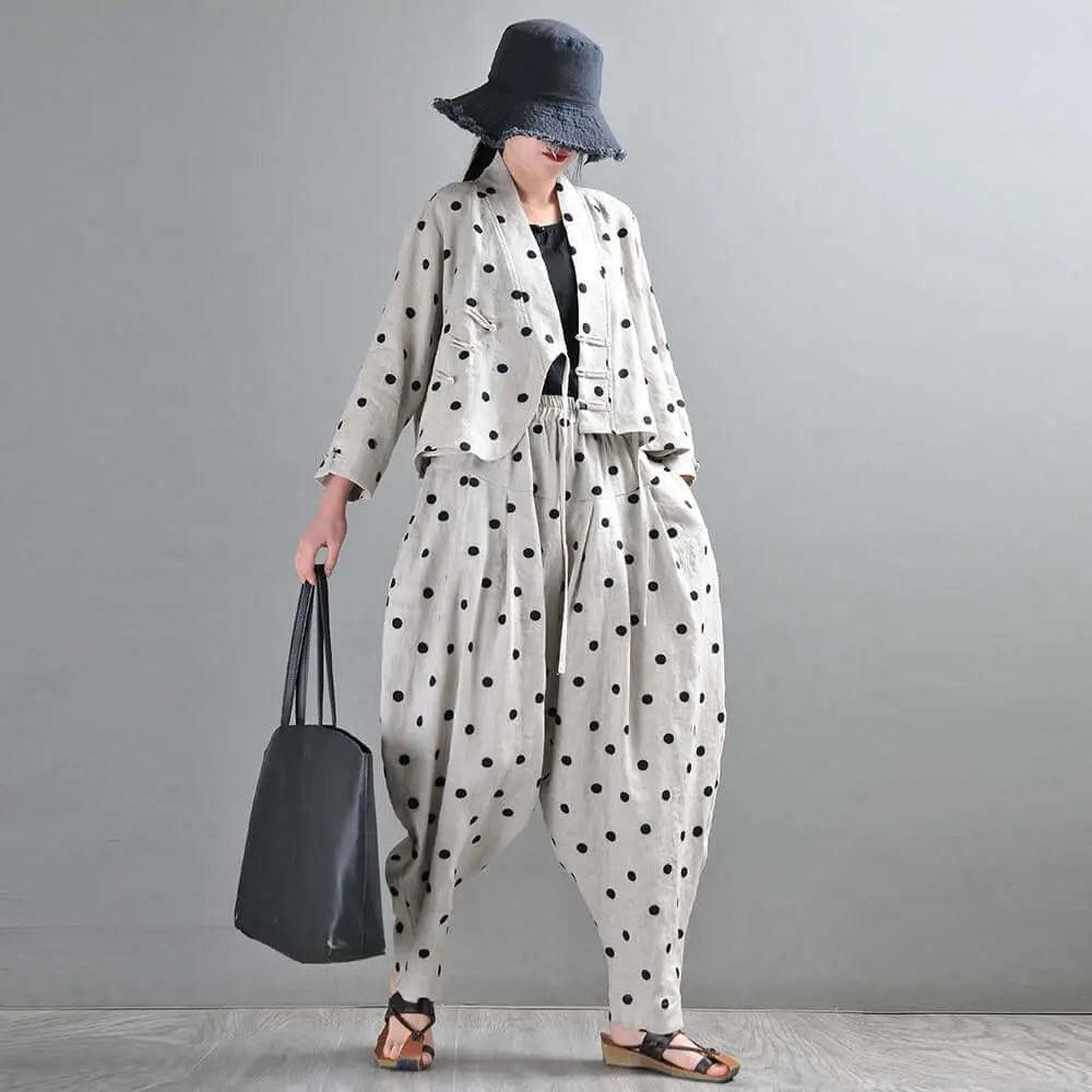 Autumn Retro Linen Polka Dot Suit with Bloomer Pants-Women's Shirt-Thebesttailor-Thebesttailor