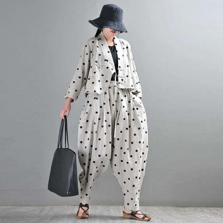 Autumn Retro Linen Polka Dot Suit with Bloomer Pants-Women's Shirt-Thebesttailor-Thebesttailor