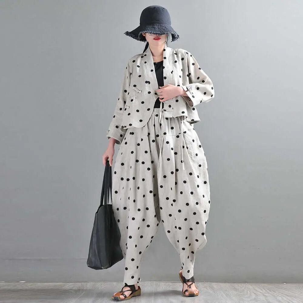 Autumn Retro Linen Polka Dot Suit with Bloomer Pants-Women's Shirt-Thebesttailor-Thebesttailor