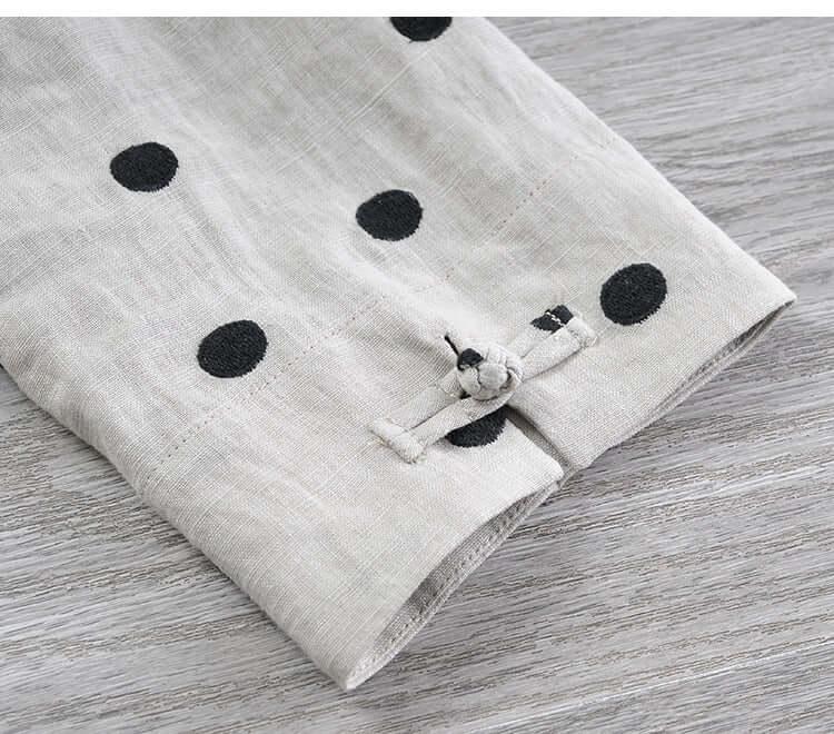 Autumn Retro Linen Polka Dot Suit with Bloomer Pants-Women's Shirt-Thebesttailor-Thebesttailor
