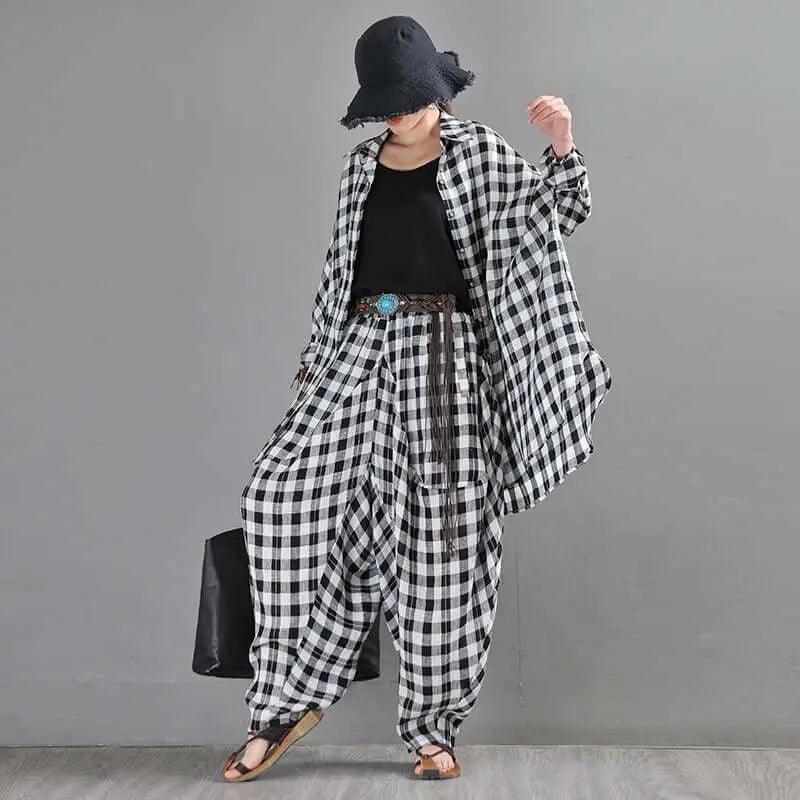 Bohemian Black and White Checkered Linen Bloomers for Women-Women's pants-Thebesttailor-Thebesttailor