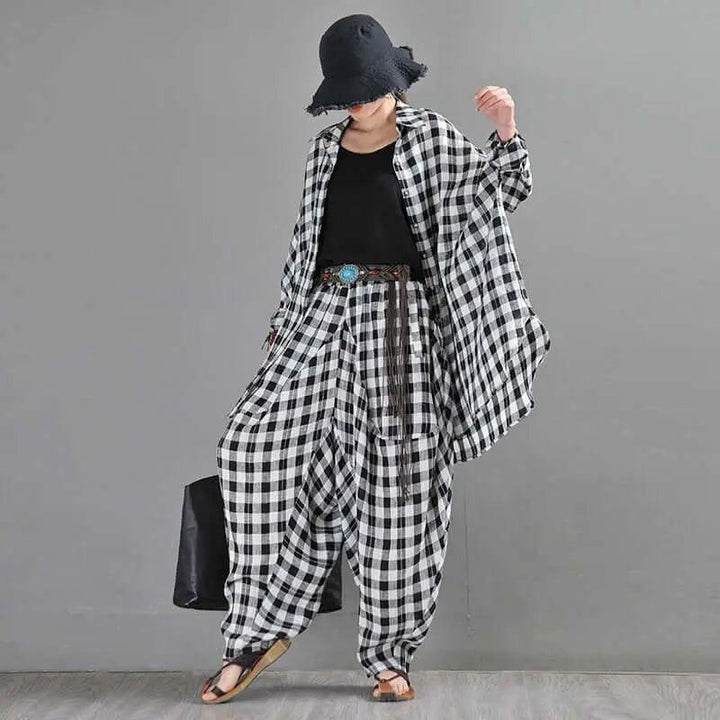 Bohemian Black and White Checkered Linen Bloomers for Women-Women's pants-Thebesttailor-Thebesttailor