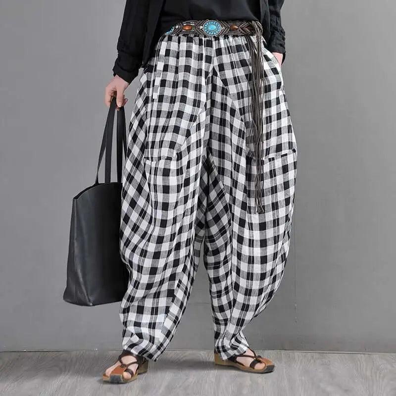 Bohemian Black and White Checkered Linen Bloomers for Women-Women's pants-Thebesttailor-M-Black and white grid-Linen-Thebesttailor