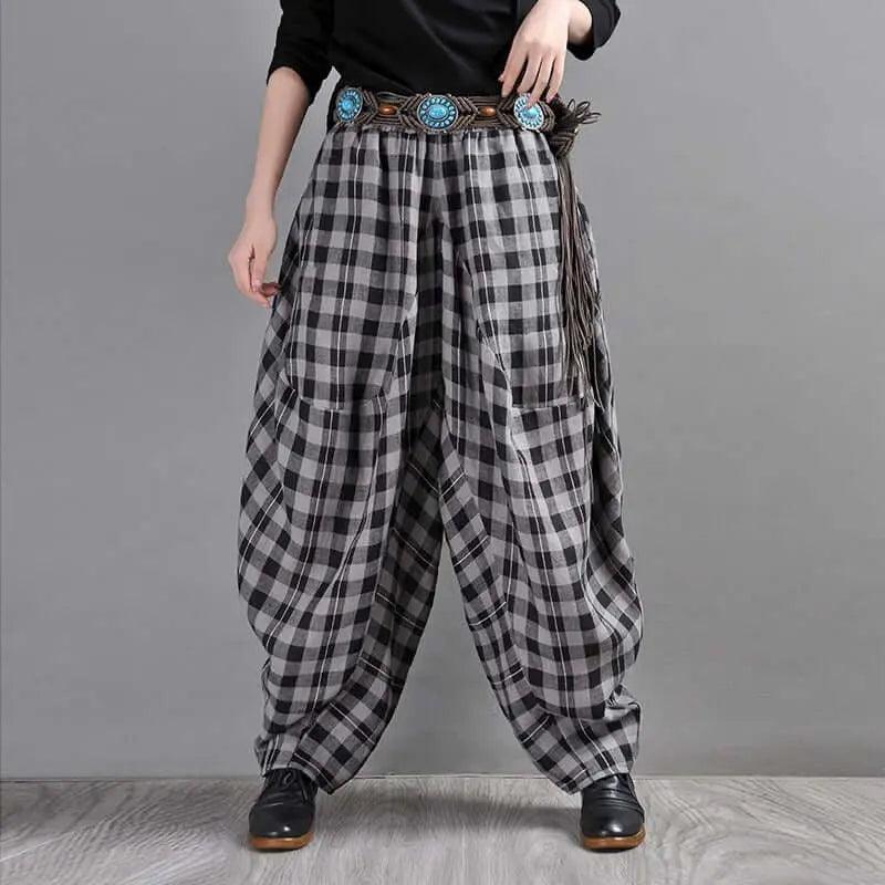 Bohemian Black and White Checkered Linen Bloomers for Women-Women's pants-Thebesttailor-M-Black and gray plaid-Linen-Thebesttailor
