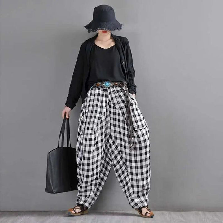 Bohemian Black and White Checkered Linen Bloomers for Women-Women's pants-Thebesttailor-Thebesttailor
