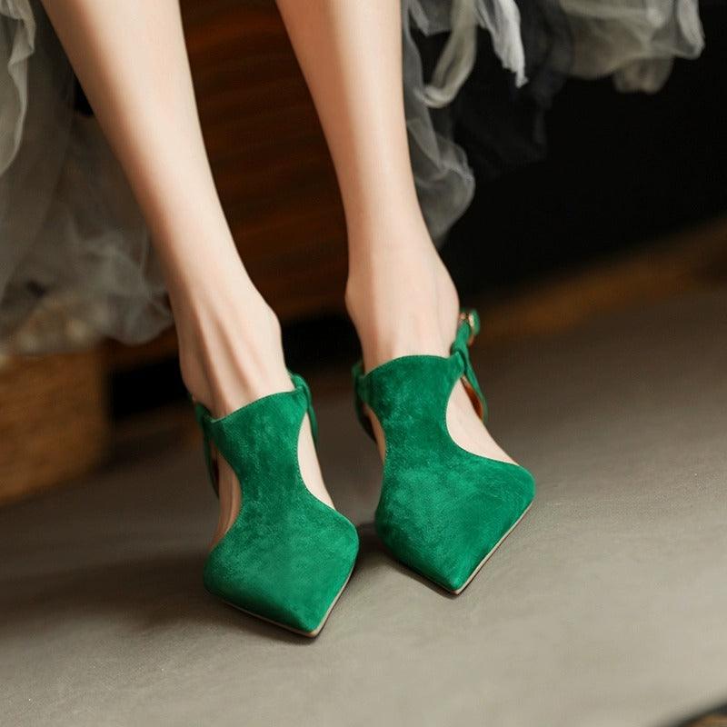 pointed open toe heels with ankle strap-High heel-Thebesttailor-34-Green-sheepskin-Thebesttailor