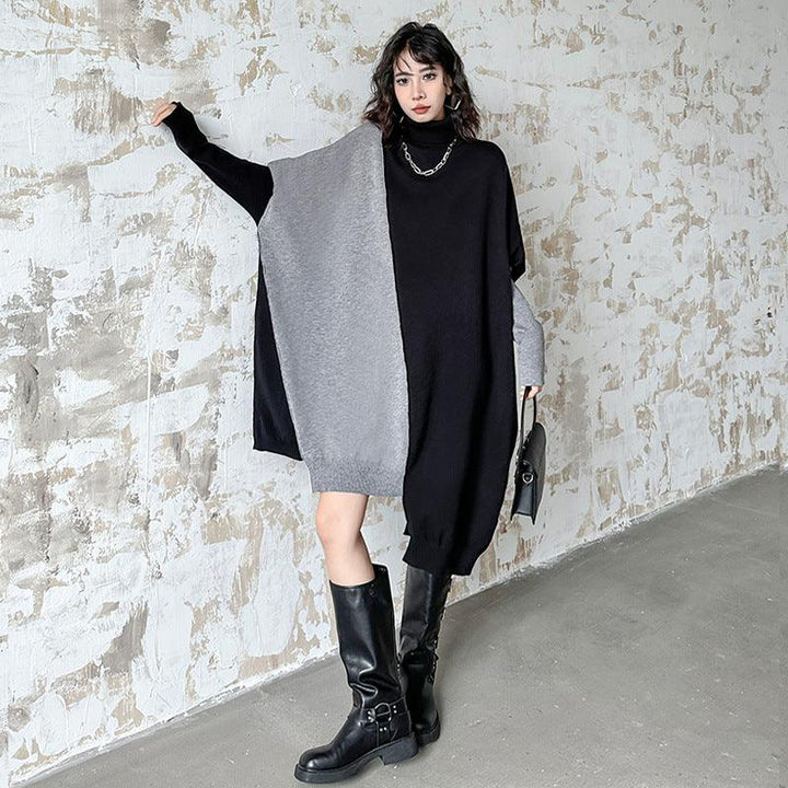 Stylish winter sweater dress with long bat sleeves and color block design-KNITTED SWEATERS-Thebesttailor-One size-Grey-Thebesttailor