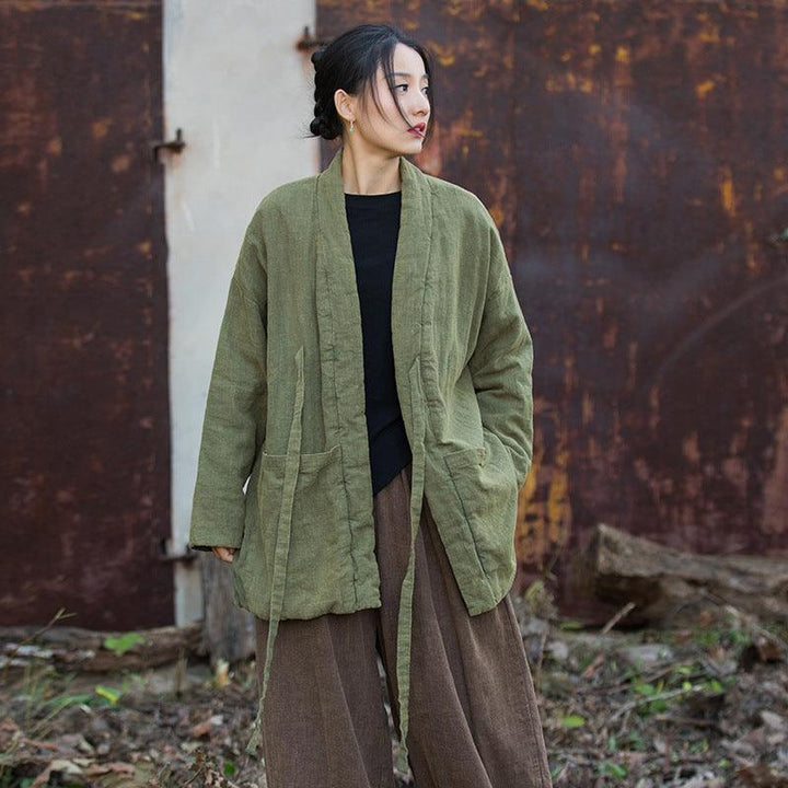 Retro Ramie Padded Lace-Up Winter Coat for Women-Women's Shirt-Thebesttailor-One size-Green-Ramie-Thebesttailor
