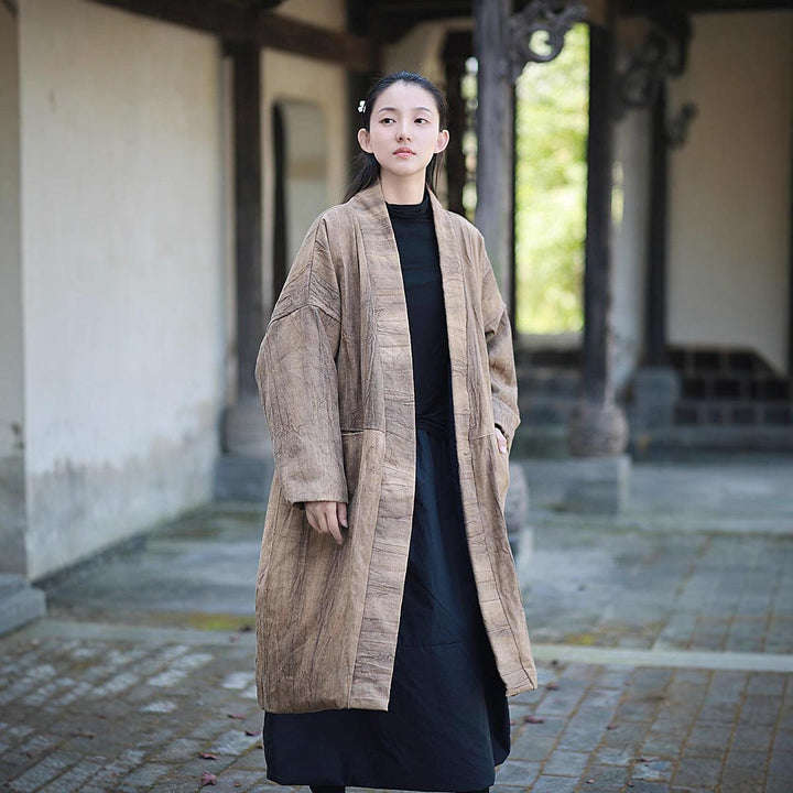Ladies’ Retro Tie-Dye Quilted Ramie Coat with Long Sleeves-Women's coat-Thebesttailor-One size-Brown-Ramie-Thebesttailor