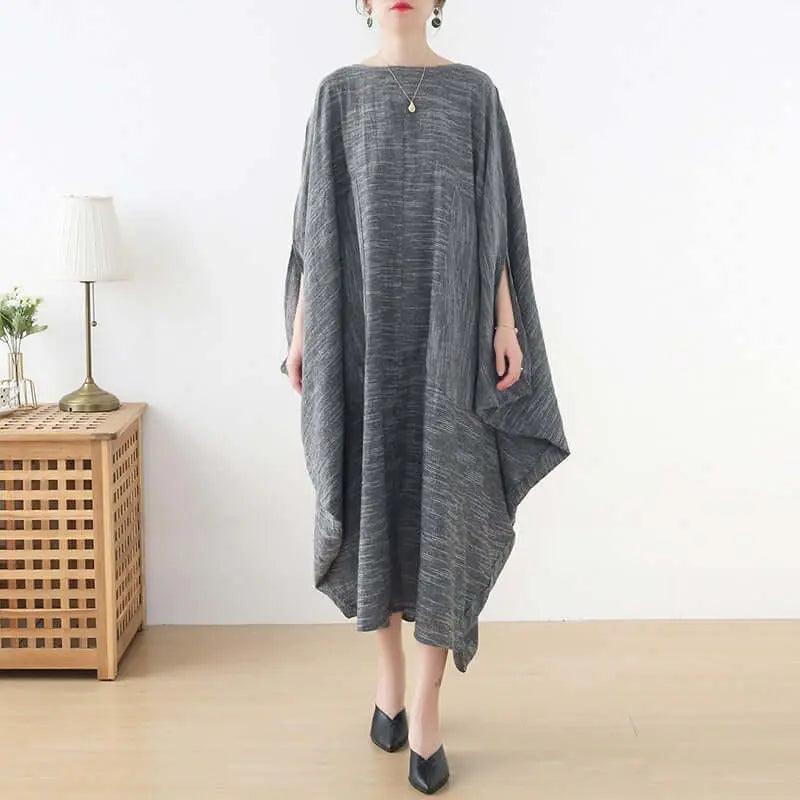 Women's Elegant Linen Dress with Bat Sleeve and Pockets by Thebesttailor