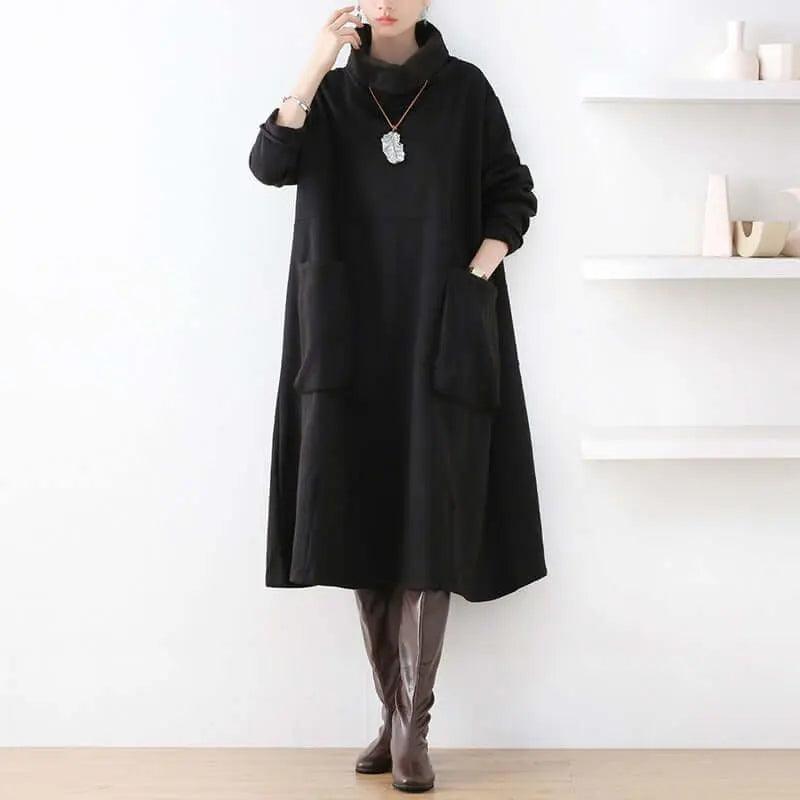 Chic Black Turtleneck A-line Dress with Pockets for Women-Women's dress-Thebesttailor-Thebesttailor
