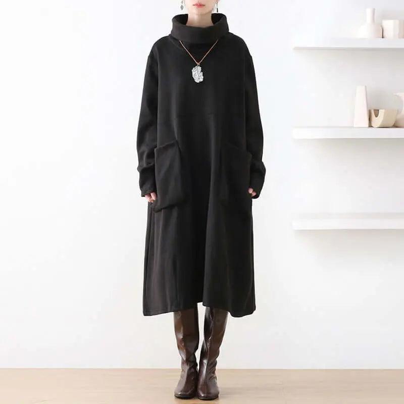 Chic Black Turtleneck A-line Dress with Pockets for Women by Thebesttailor